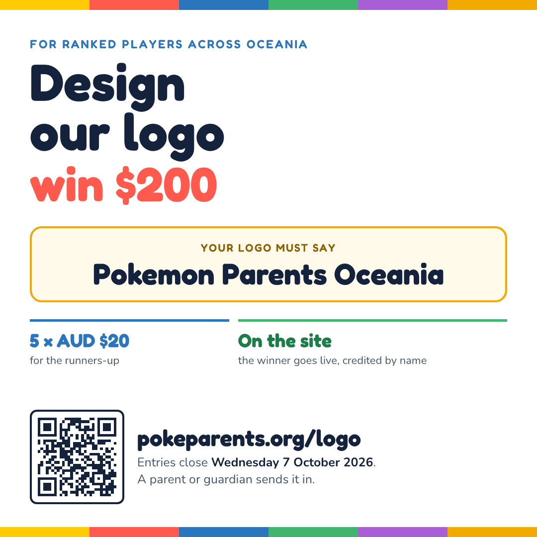 Design our logo and win AUD $200. Your logo must say Pokemon Parents Oceania. Entries close Wednesday 7 October 2026.