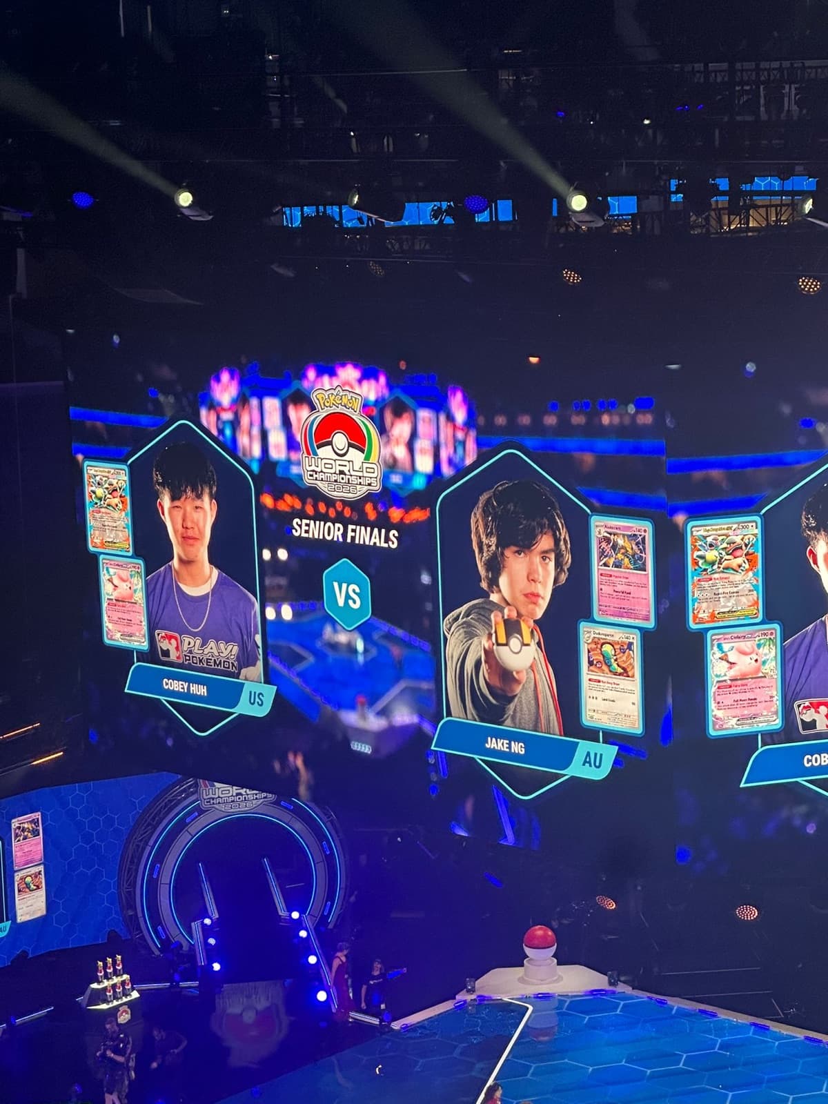 The arena screen showing the two Senior finalists head to head with their decks listed