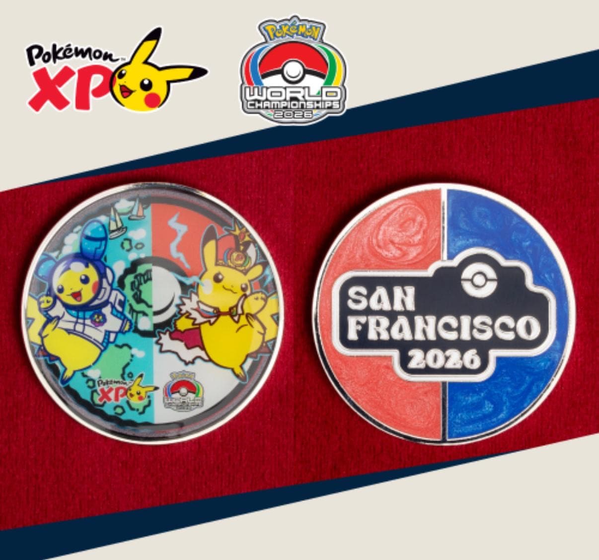 Two enamel pin badges, one with PokémonXP artwork and one reading San Francisco 2026
